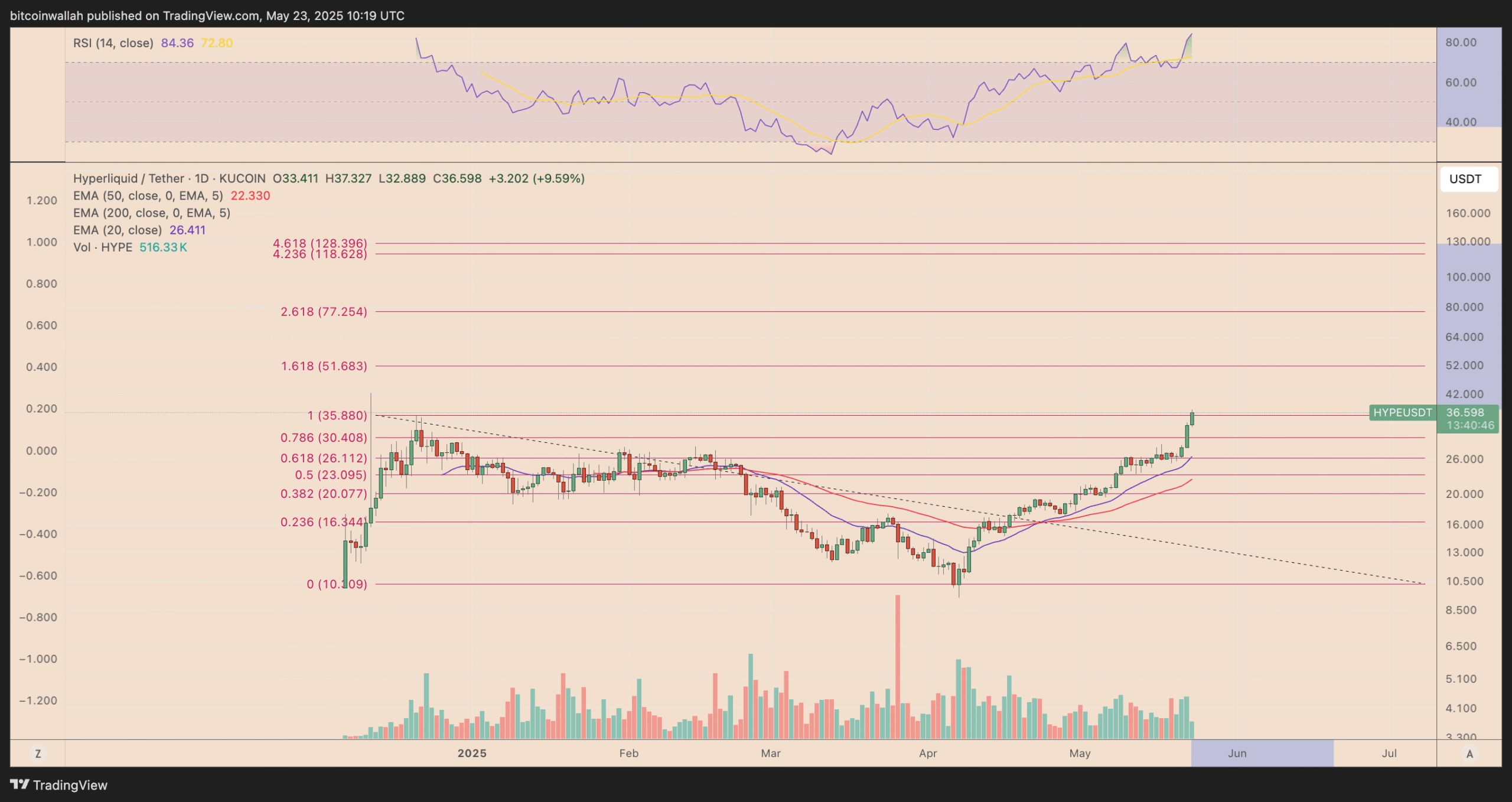 Biểu đồ giá khung ngày HYPE/USD. Nguồn từ TradingView