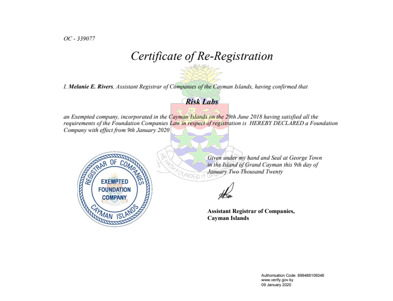 Giấy chứng nhận tái đăng ký công ty của Risk Labs