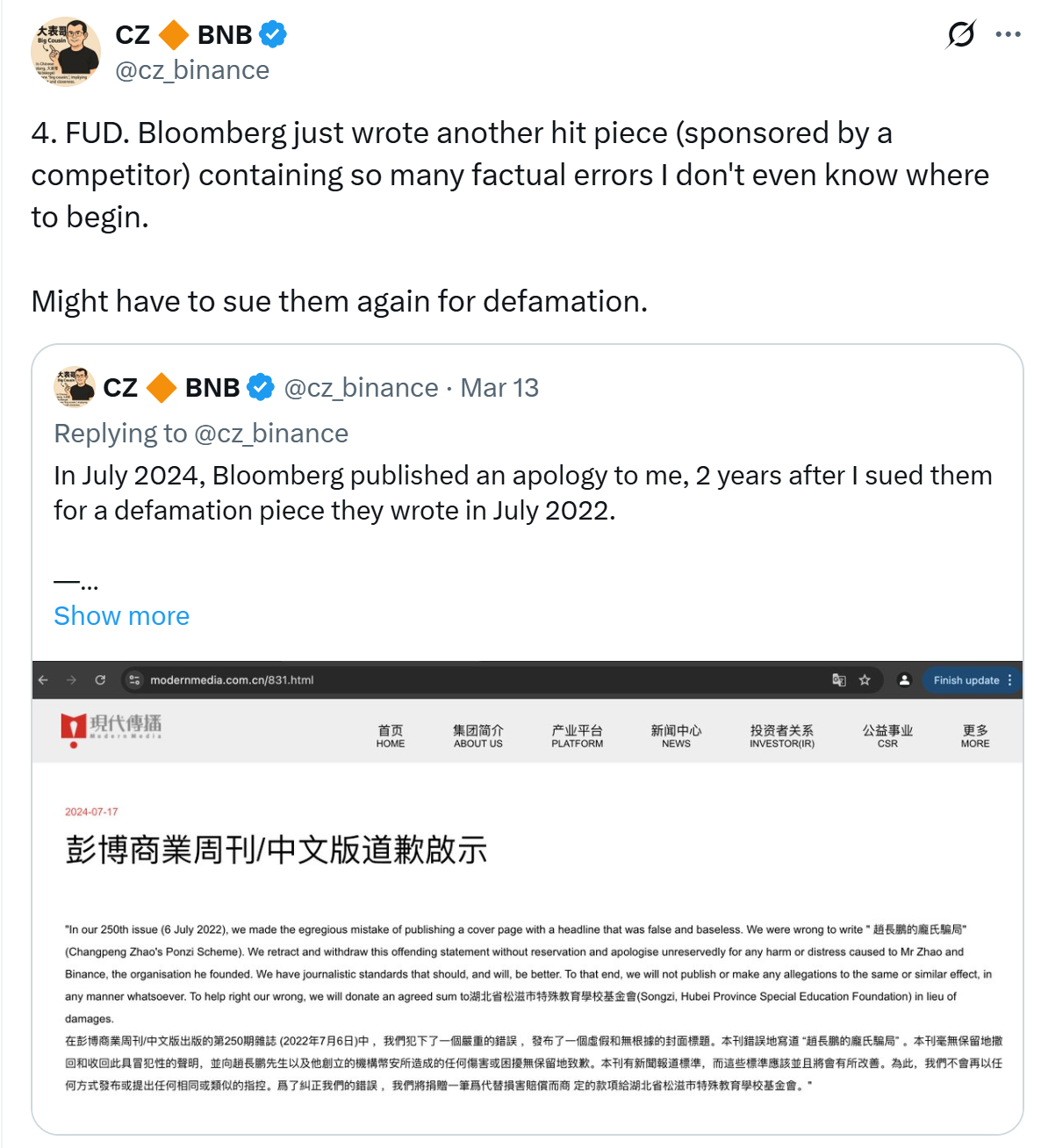 CZ gọi báo cáo của Bloomberg là "tin đồn nhảm." Nguồn: CZ