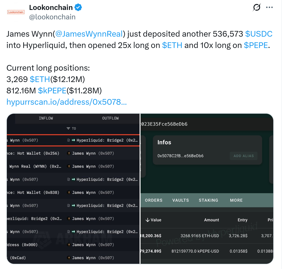 Các vị thế đòn bẩy cao mới của Wynn. Nguồn: Lookonchain