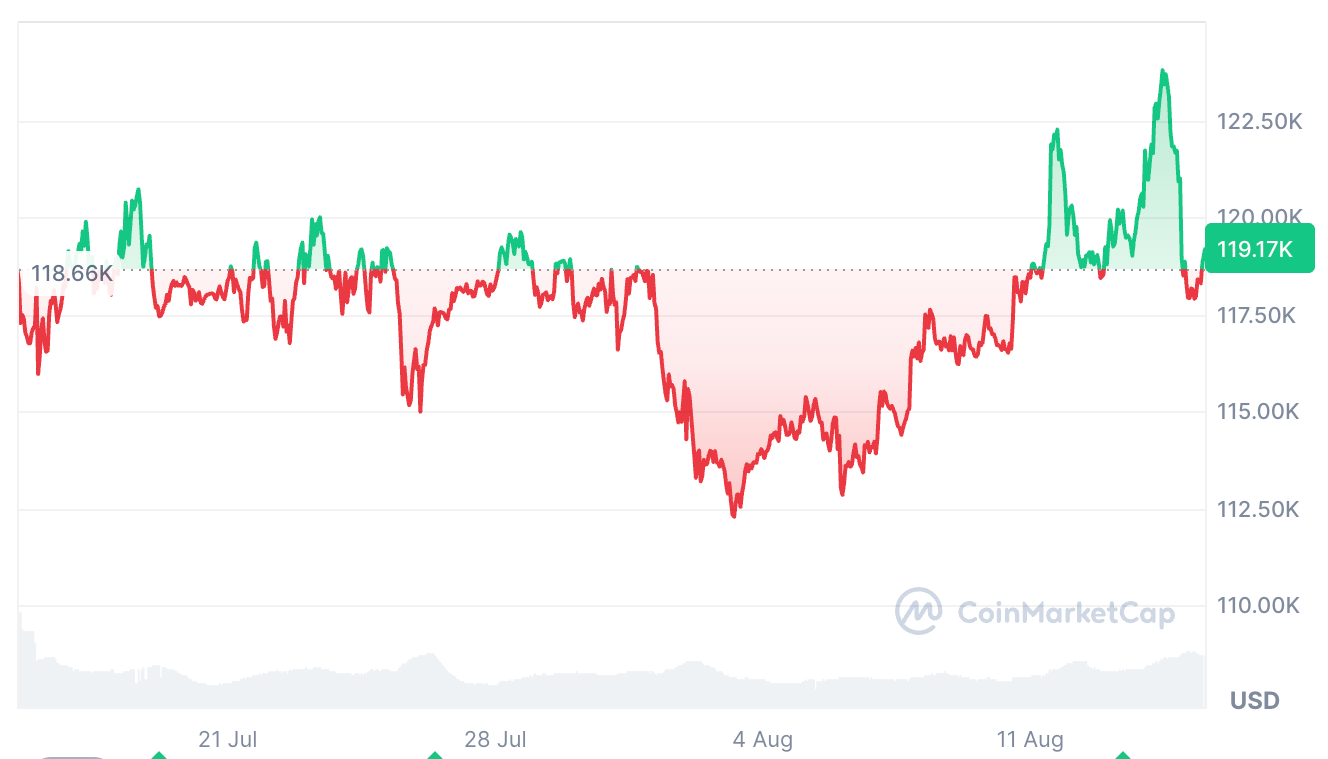 Bitcoin đã giảm 4,3% trong 24 giờ qua, sau khi đạt mức cao nhất mọi thời đại mới là 124.100 USD vào thứ Năm. Nguồn: CoinMarketCap