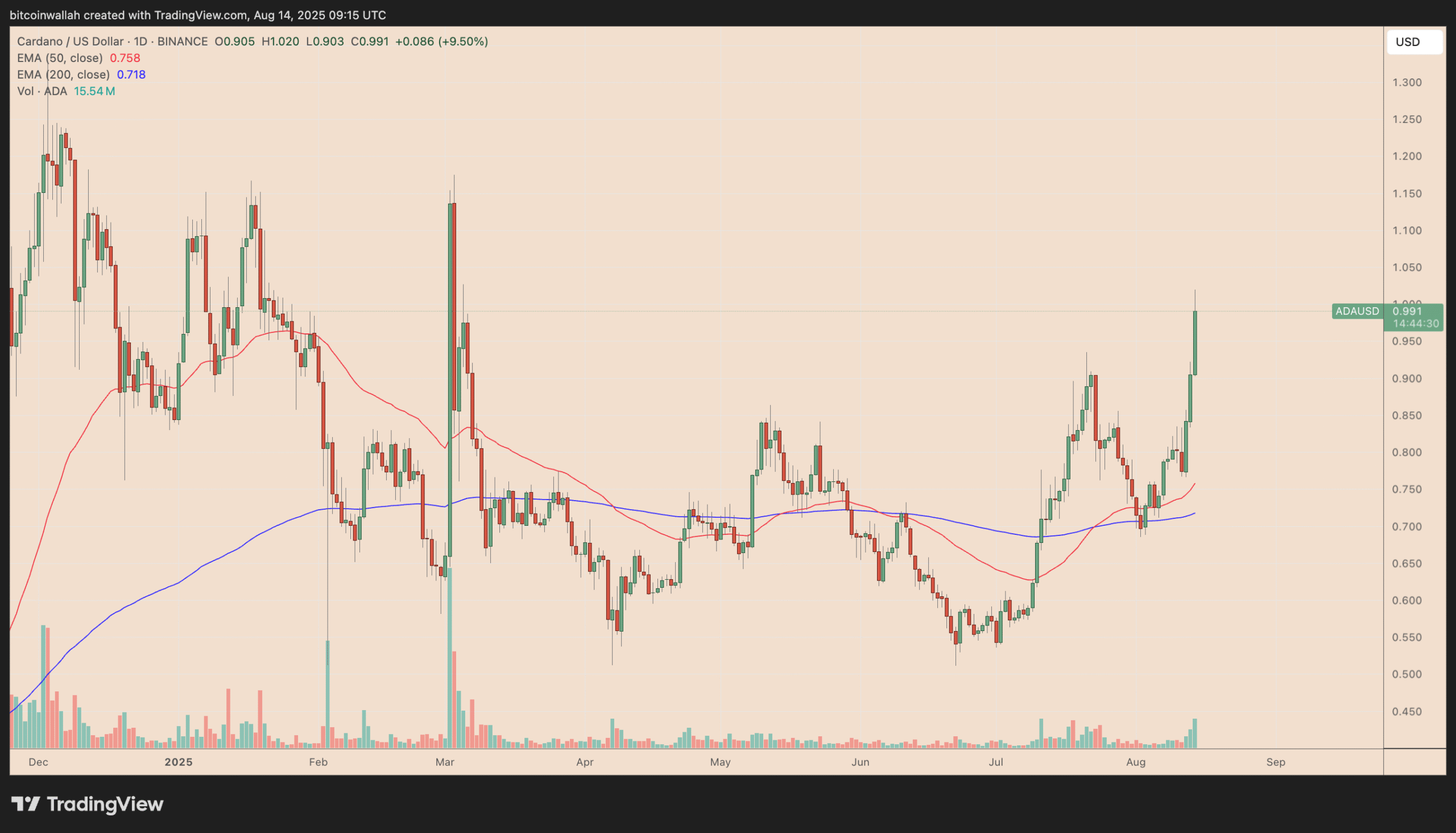 Biểu đồ giá hàng ngày của ADA/USD. Nguồn: TradingView