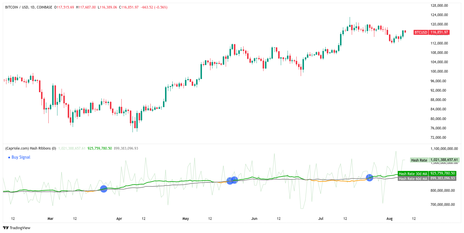 Dữ liệu Hash Ribbons của Bitcoin. Nguồn: Capriole Investments