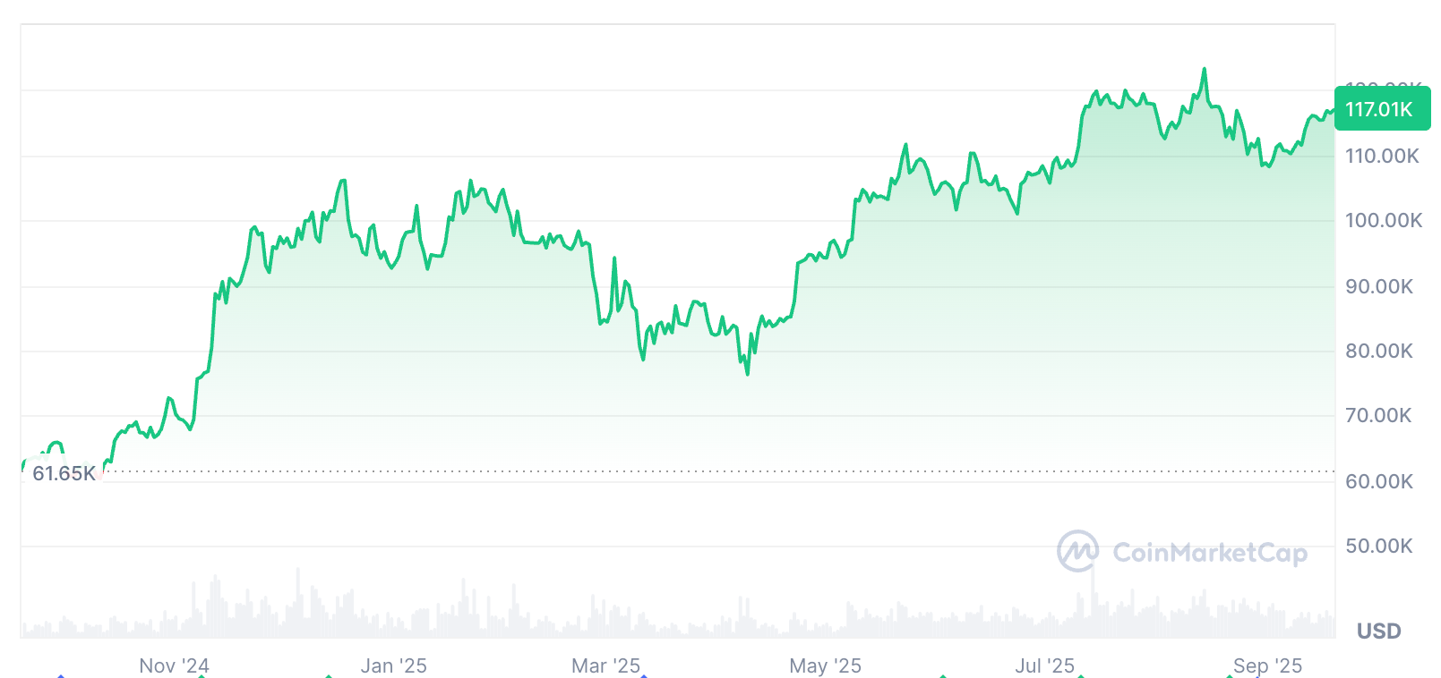 Bitcoin đã tăng 88,35% trong 12 tháng qua. Nguồn: CoinMarketCap