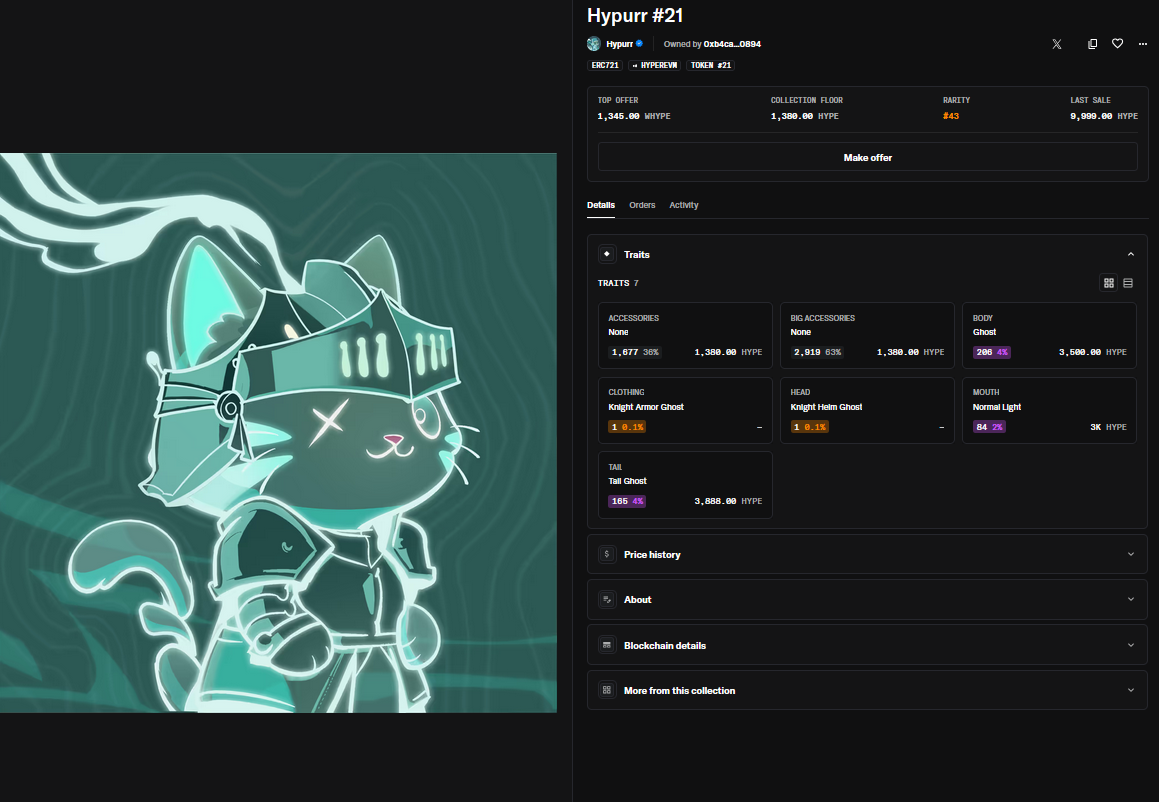 Giao dịch bán NFT Hypurr #21 trị giá 467.000$ đầy ấn tượng. Nguồn: OpenSea