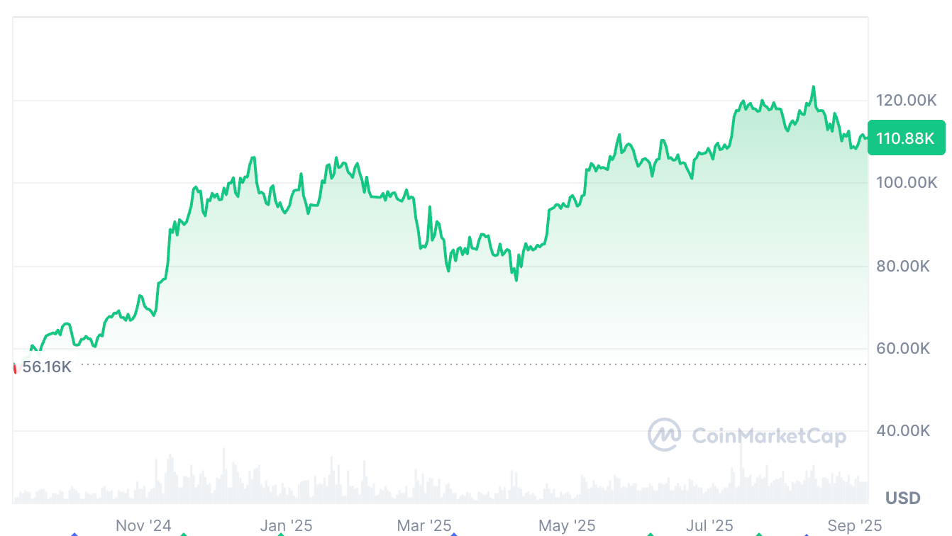 Bitcoin tăng 96,15% trong 12 tháng qua. Nguồn: CoinMarketCap.