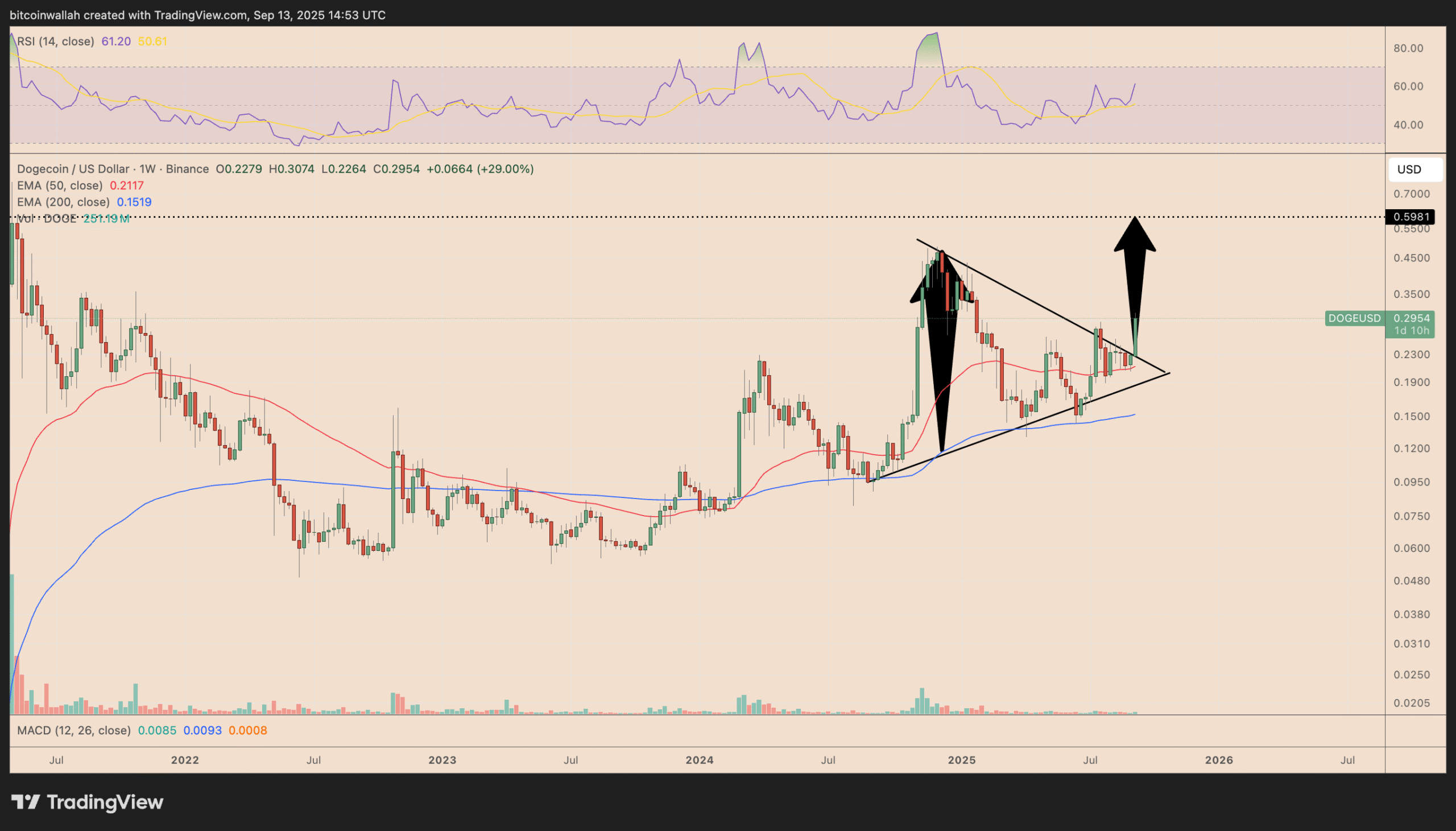 Biểu đồ giá DOGE/USD hàng tuần. Nguồn: TradingView