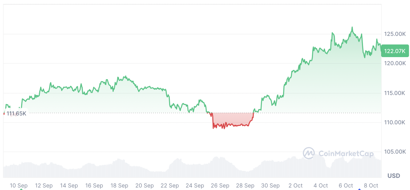 Bitcoin đang giao dịch ở mức 122.070$ tại thời điểm xuất bản, tăng 9.74% trong 30 ngày qua. Nguồn: CoinMarketCap