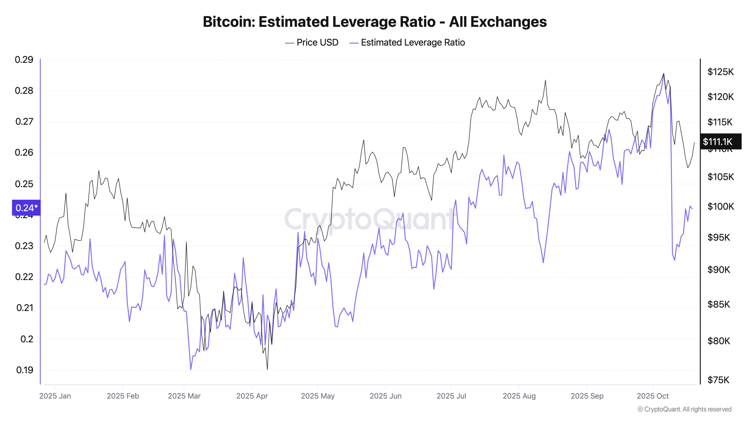 Tỷ lệ đòn bẩy ước tính của Bitcoin. Nguồn: CryptoQuant