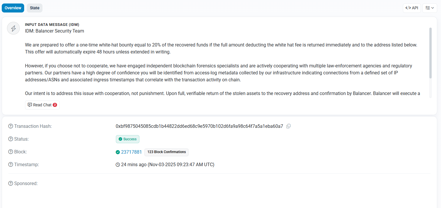 Đề nghị tiền thưởng white hat của Balancer. Nguồn: Etherscan.io